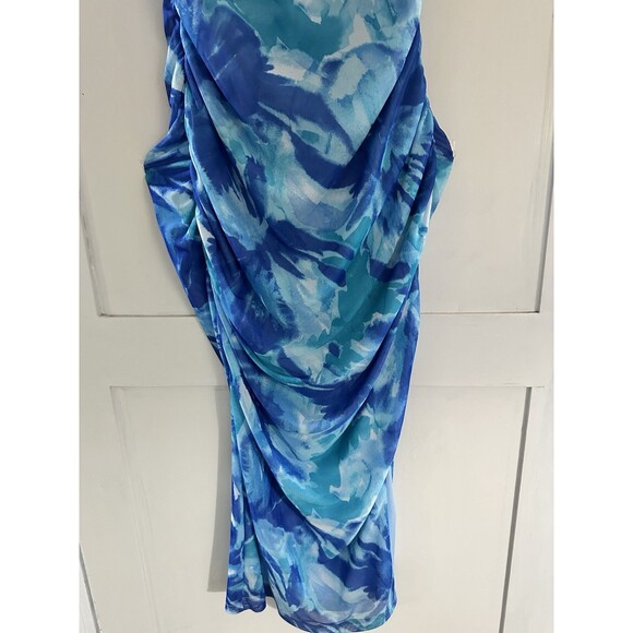 Women’s Blue Green Abstract Floral Cowl Neck Strappy Back Ruched Maxi Dress Sz S - Picture 3 of 8
